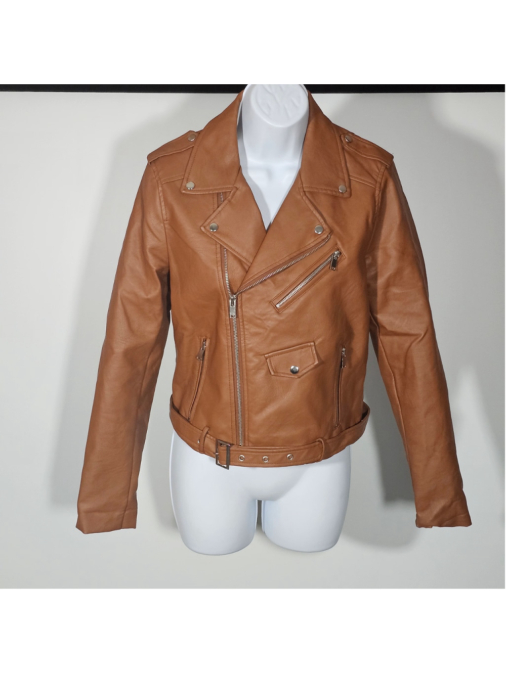 Love Tree Womens M Camel Faux Leather Moto Jacket Belted Biker Y2K NWOT